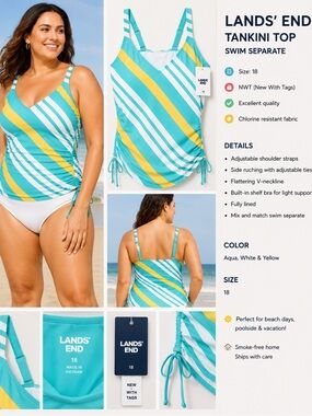 Lands’ End Tankini Swim Top Teal White Yellow Stripe Side Ruched size 18 NWT